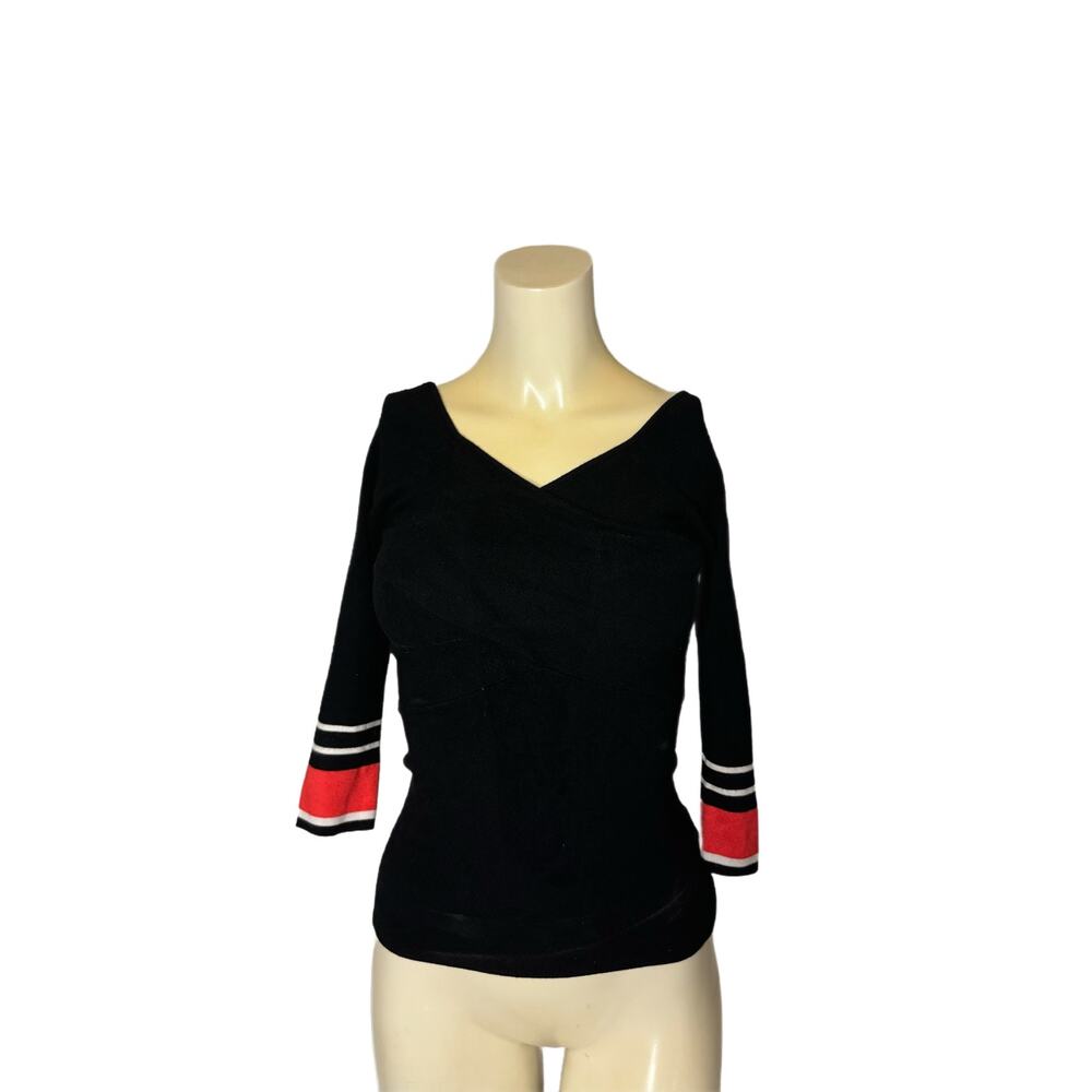 Express Size Small Black and Red White Faux Wrap Sweater Shirt